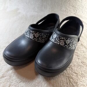 Crocs Black Clog Shoes Floral Pattern Strap Comfort Slip On Work Size W12